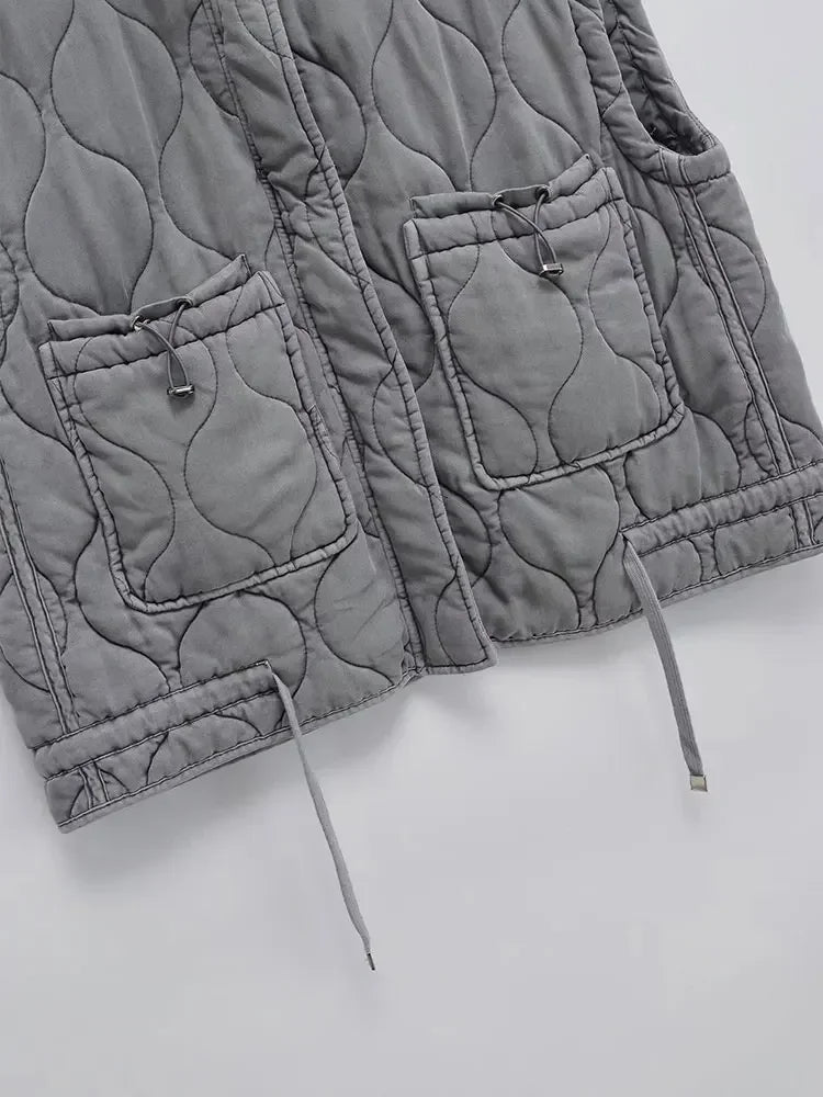 Autumn Winter Women Standing Collar Light Weight Sleeveless Cotton Coat Vest Women Pocket Decoration Tank Top - Matrix Studios