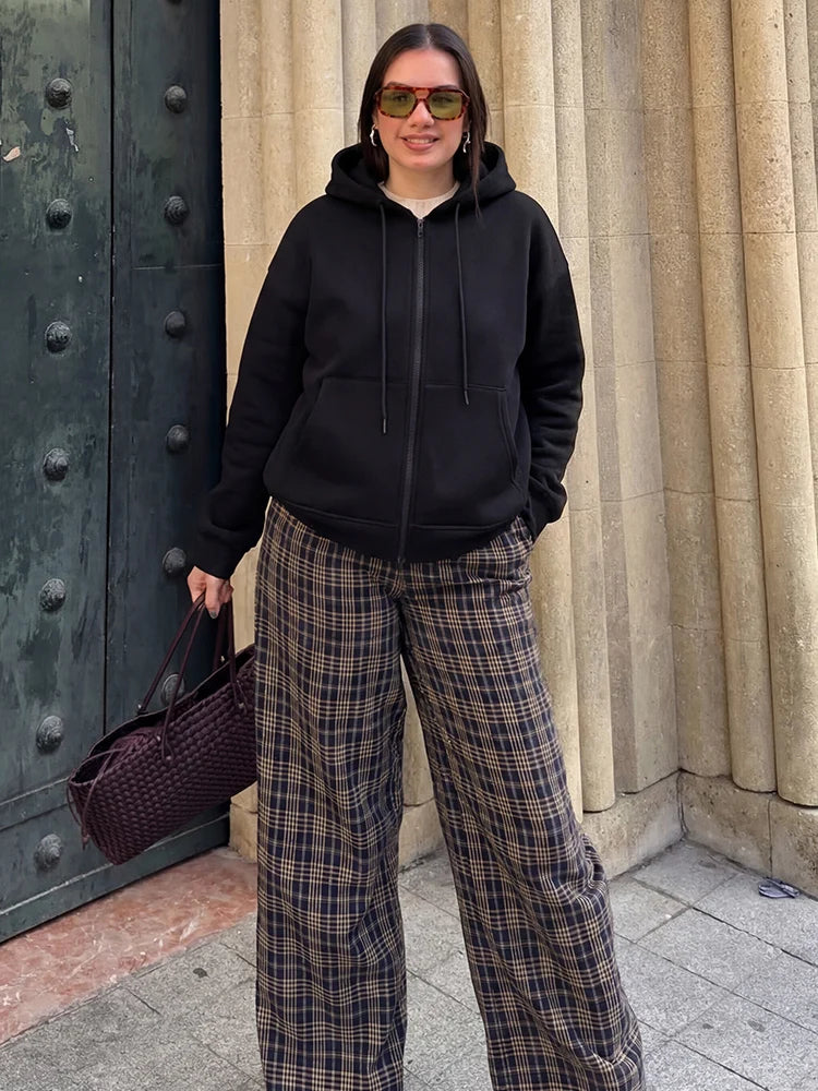 HH 2026 Casual Women's Soild Zipper Hoodie Long Sleeve Big Pocket Zipper Jacket With Hood Female Loose Outerwear Coat Tops - Matrix-studios.com