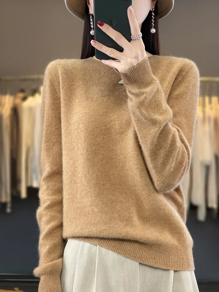 100% Merino Wool Sweater Women O-neck Cashmere Knitwear Female Pullover Autumn Winter Casual Tops Solid Color Soft  Clothing - Matrix Studios
