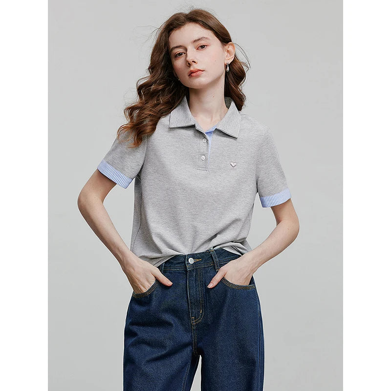 TOYOUTH Women Polo Shirt 2026 Summer New Color Block Striped Rolled Cuff Pique Fabric Vintage Casual Soft Breathable Tops - Matrix-studios.com