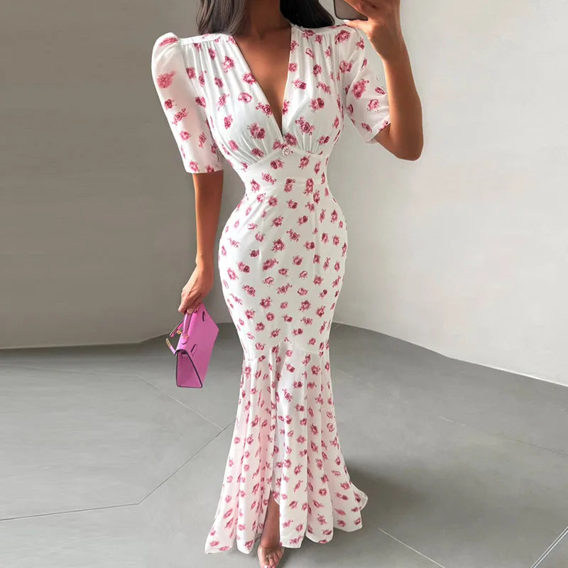 Organza Floral Printed Maxi Dress V-Neck  Puff Sleeve 2026 Spring/Summer Romantic Women Party Gown Fashion Elegant Lady Vestidos - Matrix-studios.com
