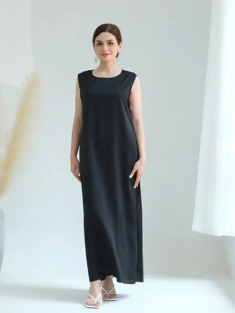 Black White Satin Silky Shimmer Under Abaya Dress Dubai Luxury 2024 Summer Women Turkey Islam Muslim Robe Vestidos Musulmanes - Matrix-studios.com