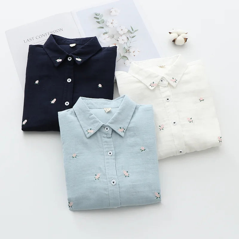 2026 Spring Autumn New Fresh Cotton Yarn Ladies Long Sleeve Shirt Flower Embroidered Women's Casual Shirt Female Blouse Clothes - Matrix-studios.com