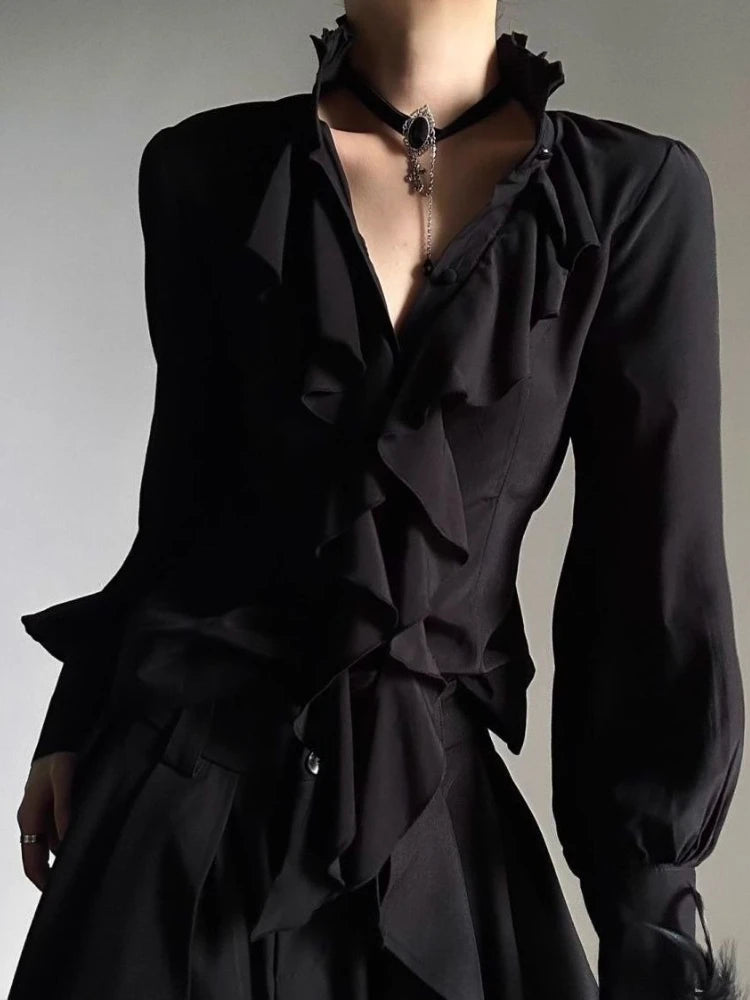 Deeptown White Ruffles Elegant Vintage Women Blouses Black Y2k Victorian Gothic Long Sleeve Stand Collar Shirts Loose Preppy - Matrix-studios.com