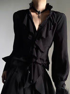 Deeptown White Ruffles Elegant Vintage Women Blouses Black Y2k Victorian Gothic Long Sleeve Stand Collar Shirts Loose Preppy - Matrix-studios.com