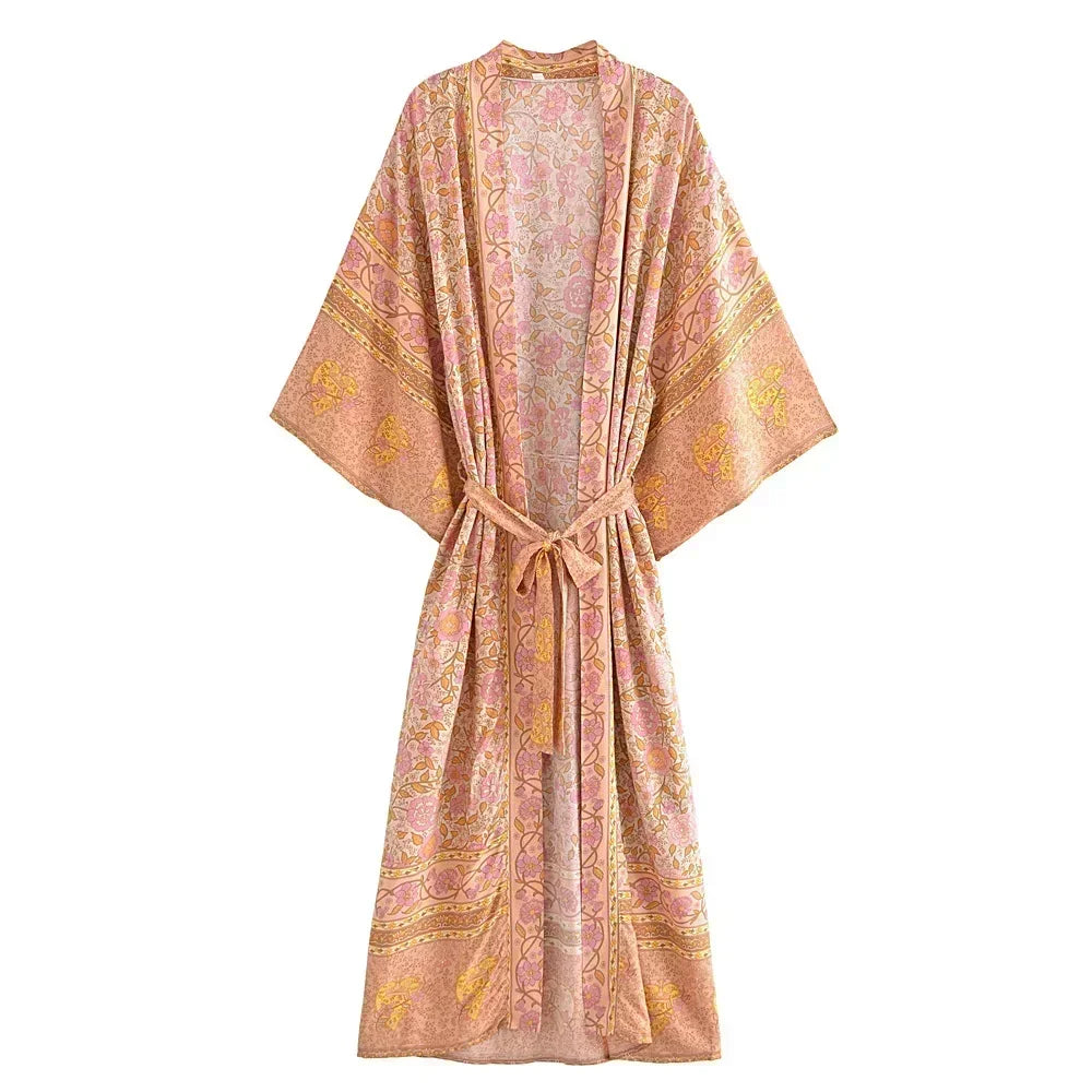 Boho Queens Women Pink Floral Print Bohemian Kimono Beach Robe Lady Batwing Sleeves Rayon Vacation Boho Bikini Cover-ups - Matrix Studios