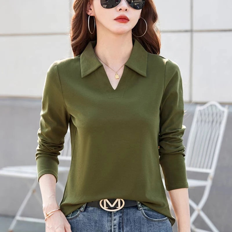 New Women Spring Summer Long Sleeve Cotton T-shirt Fashion Turn-down Collar Loose Polo Tees Simplicity Casual Basic T-shirt - Matrix-studios.com
