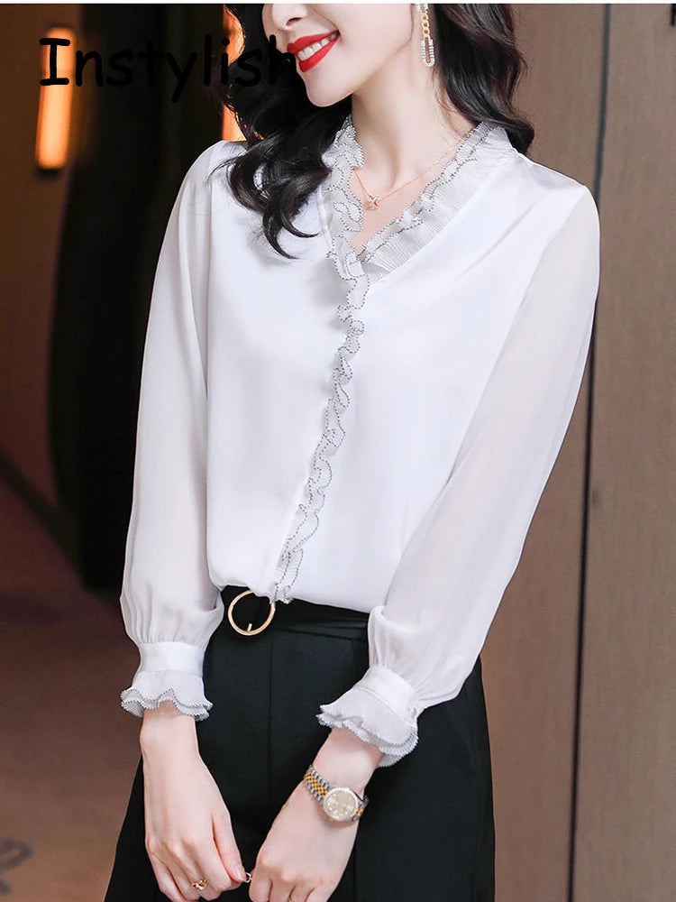 Elegant Women Chiffon Shirt Korean Blouse Office Lace Mesh Long Sleeve Ruffles V NeckTops Casual Vintage Pullovers Blusas 2022 - Matrix-studios.com