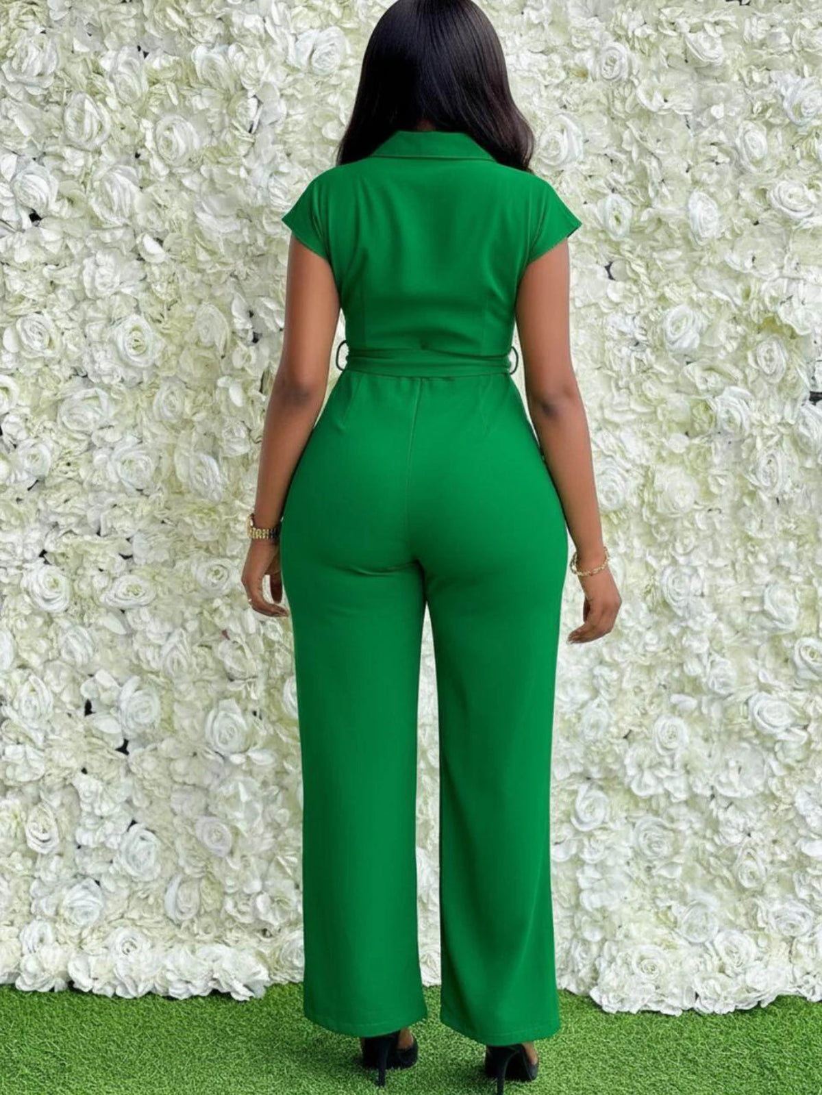 Women's Lapel Cap Sleeve Zipper Front Pocket Belted Wide Leg Jumpsuit For Daily Party Dating Casual Fashion Occasions - Matrix Studios