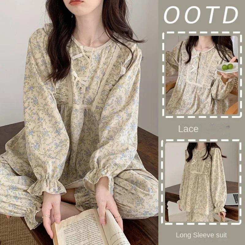 Four Seasons Can Wear Korean Style Floral Women's Pajamas Tops and Pants Summer Student Sleepwear Homewear Girl Sweet Nightwear - Matrix-studios.com