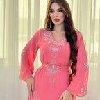 Polyester Muslim Abaya for Women Summer Elegant Orange Blue Pink Green Muslim Women Long Sleeve V-neck Polyester Long Abaya - Matrix-studios.com