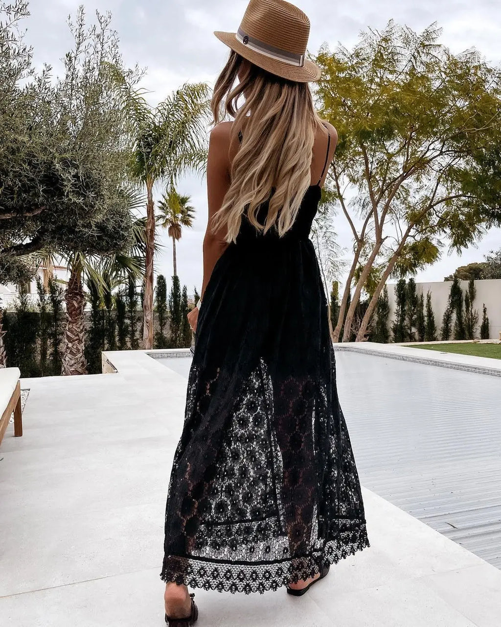 Summer V Neck Solid Color Lace Hollow-Out Sleeveless Sling Party Wear High Waist Rompers Holiday Casual White Women's Jumpsuit - Matrix Studios