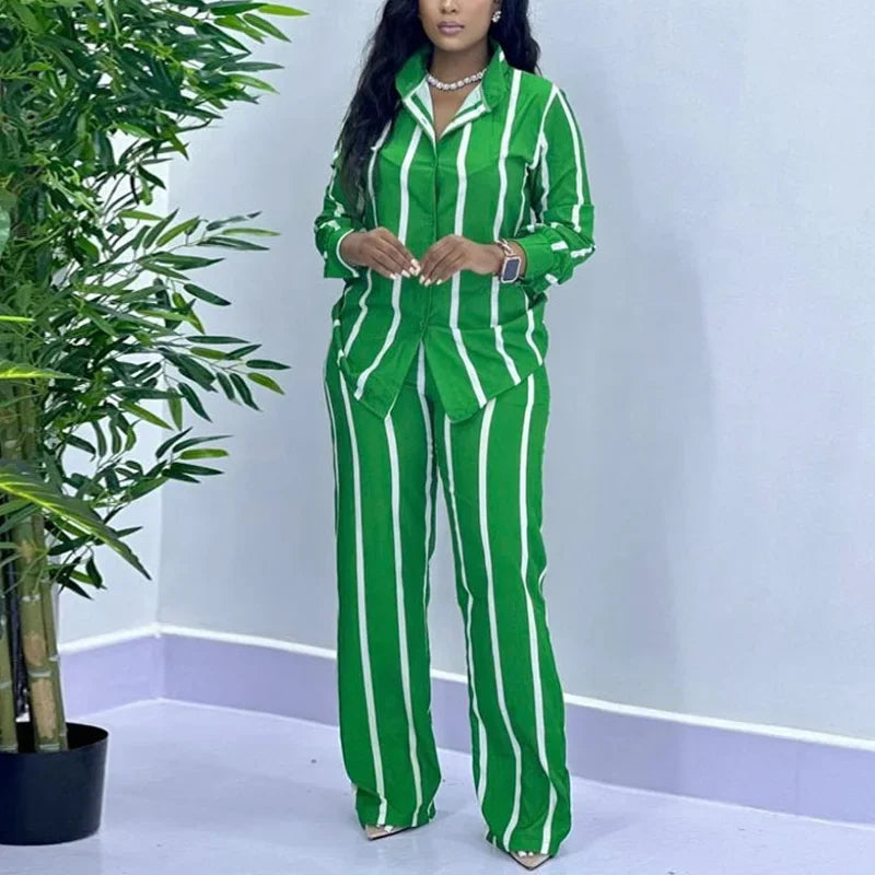 African Fashion Stripe Two Piece Set Women Spring Autumn Casual Button Long Sleeved Shirt Wide Leg Pants Two Piece Set Women - Matrix-studios.com