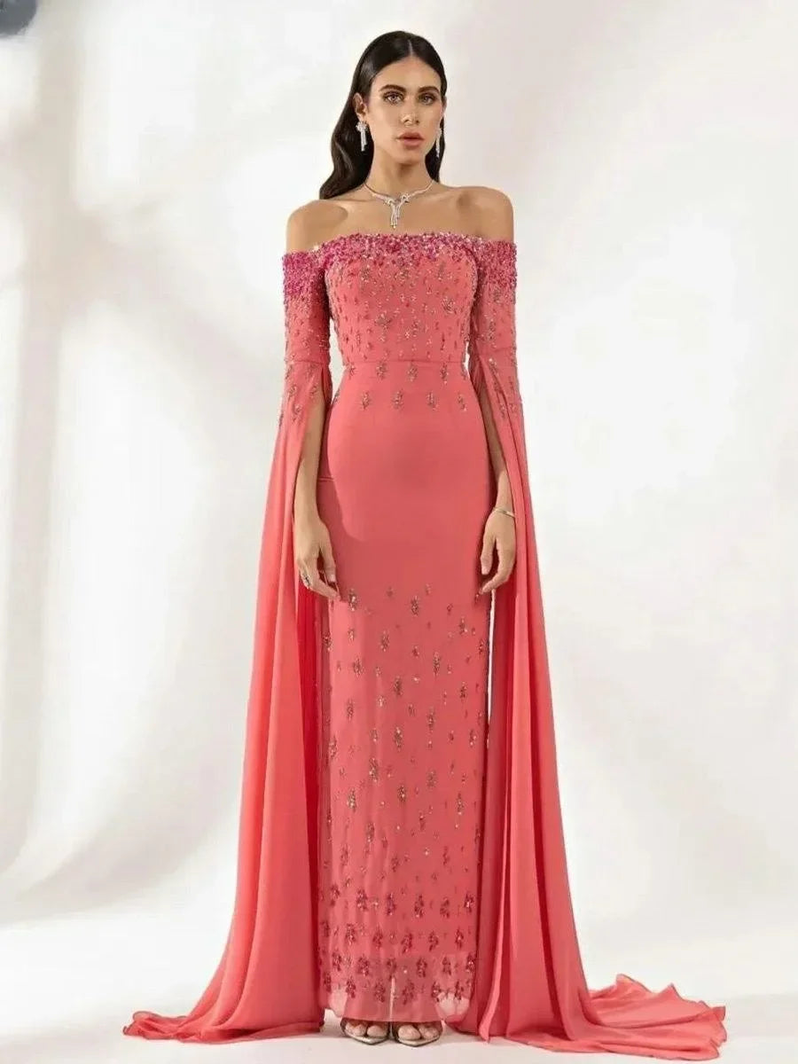 Customized Half Sleeve Sequined Beading Off The Shoulder Ribbons for Woman Formal Wedding Guest Evening Prom Cocktail Dresses - Matrix Studios