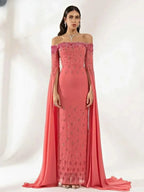 Customized Half Sleeve Sequined Beading Off The Shoulder Ribbons for Woman Formal Wedding Guest Evening Prom Cocktail Dresses - Matrix Studios