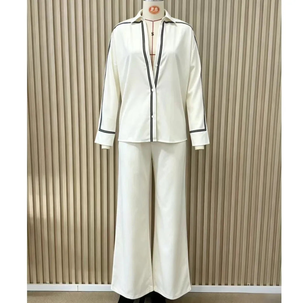 Women 2 Piece Set Contrast Black Piping 3/4 Sleeve Lapel V‑Neck Loose Shirt High Waist Wide Leg Pants Elegant Casual Office Suit - Matrix-studios.com