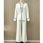 Women 2 Piece Set Contrast Black Piping 3/4 Sleeve Lapel V‑Neck Loose Shirt High Waist Wide Leg Pants Elegant Casual Office Suit - Matrix-studios.com