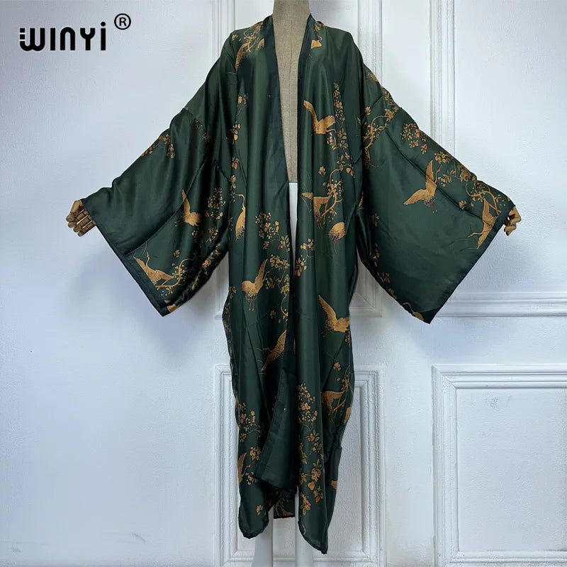 WINYI Beach Cover Up Print Kimono Maxi Dress Beach Wear Boho Cardigan Abaya Dubai Luxury Women Muslim Dress Africa Long Coat - Matrix Studios