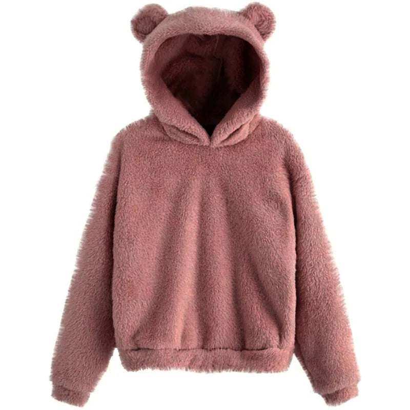 Winter Korean Fashion Bear Ears Cute Loose Hoodie Fluffy Hooded Warm Sweatshirt Long Sleeve Top Solid Pullover Clothes For Women - Matrix Studios