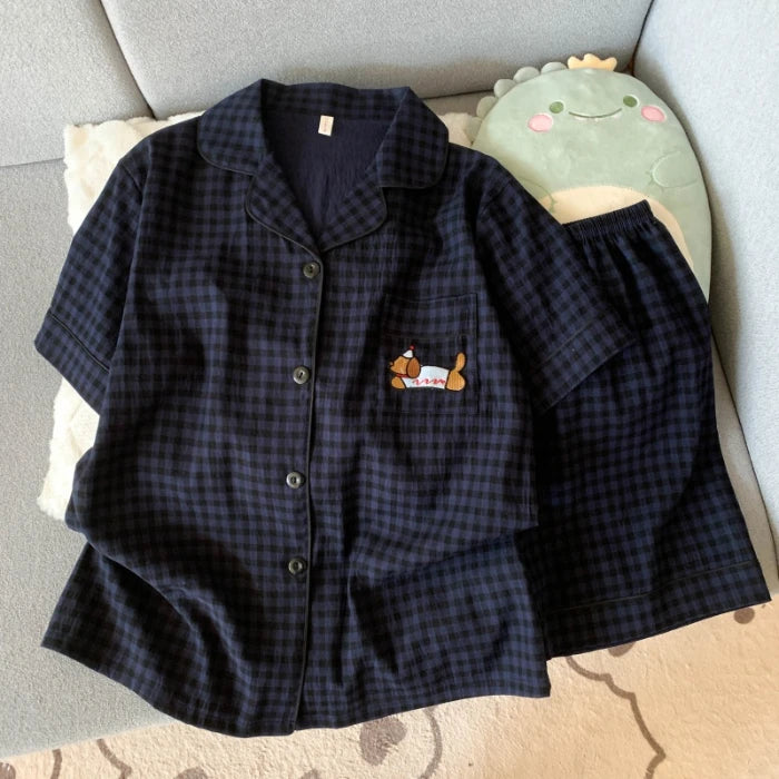 Embroidery Dog Sweet Fashion Cute Pajamas Set for Women Plaid Lapel Neck Elastic Waist Design Pajamas Short New Casual Nightwear - Matrix-studios.com