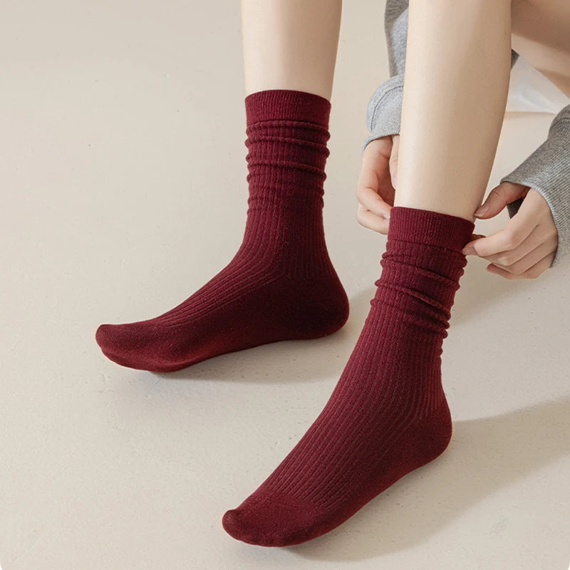 1pair Women's Ankola Red Socks Autumn Winter Knitting Solid Color Japanese Middle Tube Stockings Middle Tube Socks - Matrix Studios