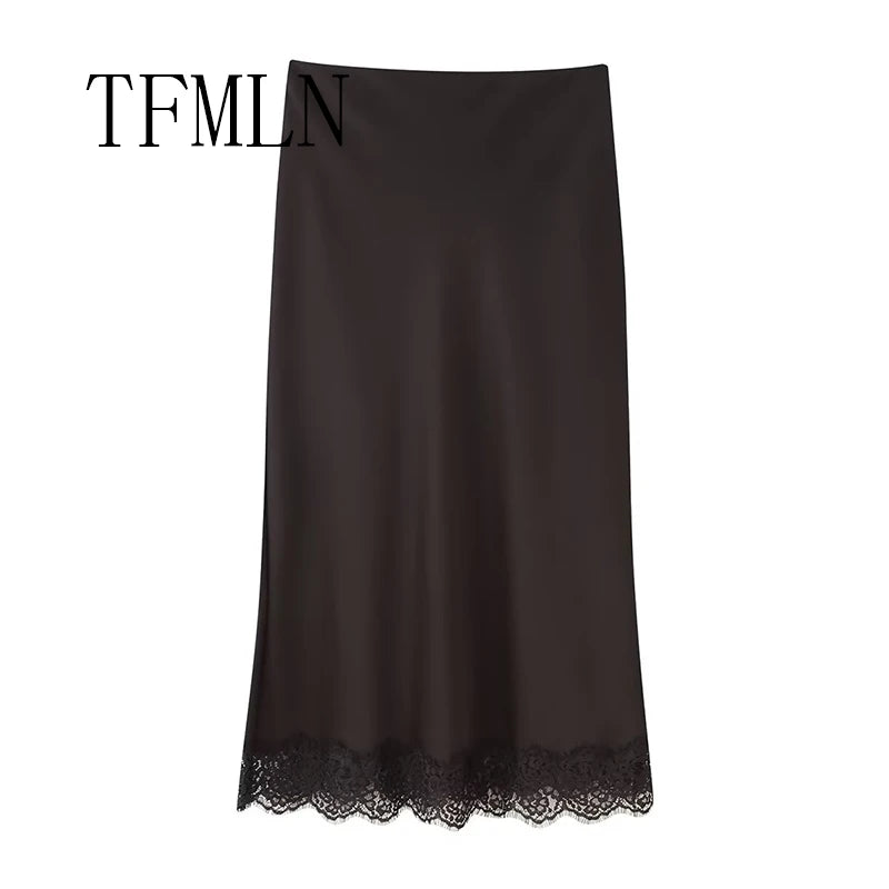 TFMLN Elegant Lace Splice Satin Half Skirt Women's Fashion Wrap Around Long Skirt High Quality Feel New 2025 Style - Matrix-studios.com