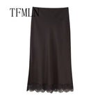 TFMLN Elegant Lace Splice Satin Half Skirt Women's Fashion Wrap Around Long Skirt High Quality Feel New 2025 Style - Matrix-studios.com