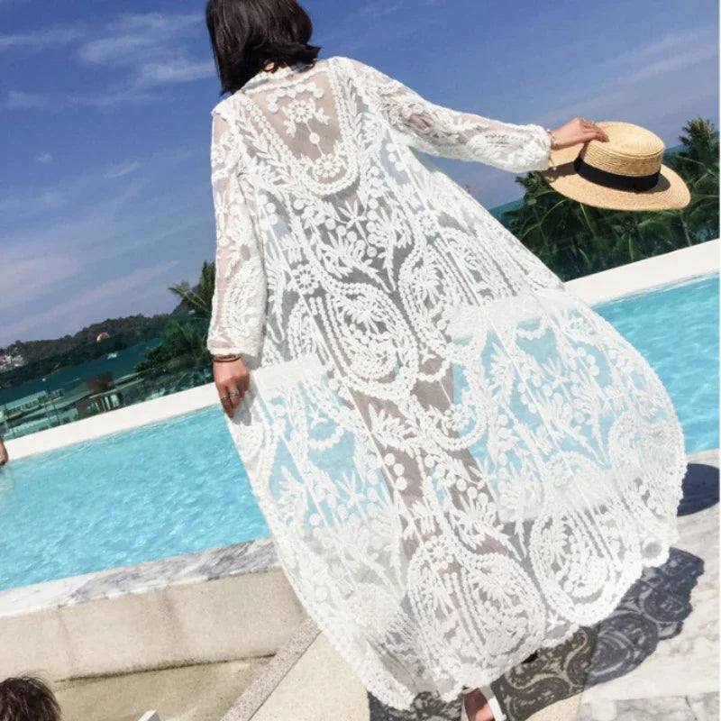 2024 Dress Beach White Lace Summer Maxi Dress Women Long Sleeve Beach Cover Up Sexy See Through Boho Bikini Beachwear Cover-ups - Matrix Studios