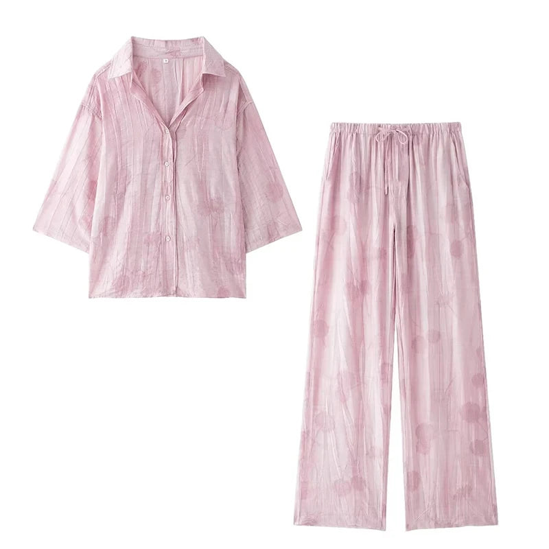 Women's Set 2024 New Fashion Spring Jacquard Loose Ladies Shirt Summer Women Pants Casual Chic Print Set for Women - Matrix-studios.com