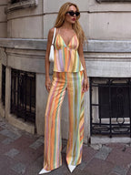 HH Fashion 2026 Women's Colorful Striped Two-Piece Set Summer Halter Neck Crop Top+Wide Leg Pants Resort Beach Outfit - Matrix-studios.com