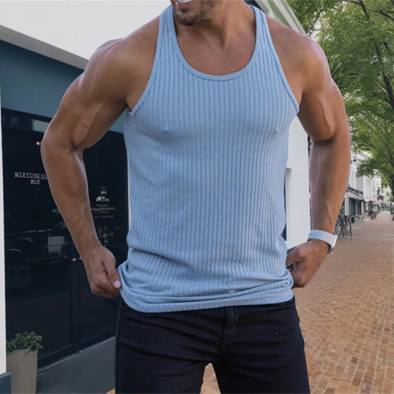 Men's Summer O-neck loose stripe gym Tank top Men Fitness sleeveless pullover Sports Undershirt Elasticity casual vest men tops - Matrix Studios