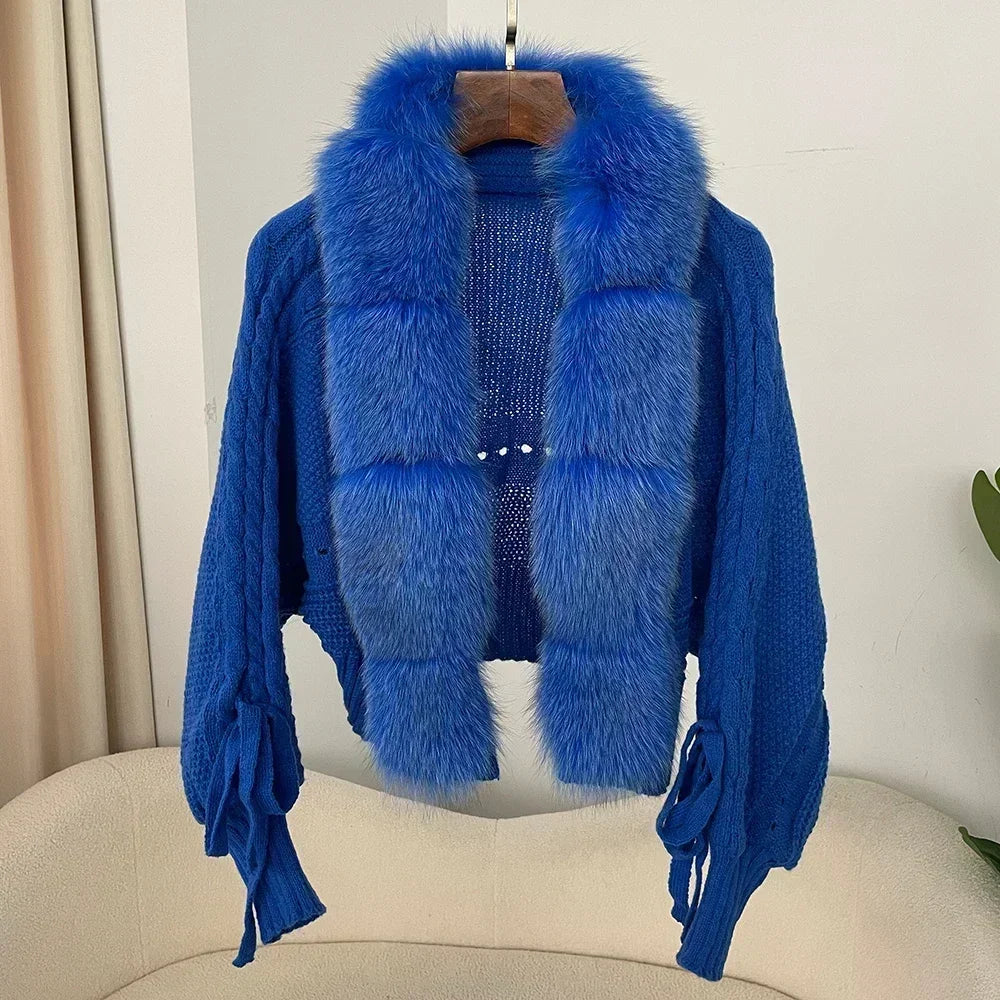 2024 Winter New Fashion Knitting Cardigan Placket Coat Women Casual Real Fox Fur Coat Short Warm Knitted Jacket with Natural Fur - Matrix Studios