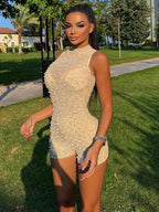 Sexy O-neck Sleeveless Jumpsuit Women Summer Beaded Mesh Rompers Skinny Elegent One Piece Apricot Fashion Hot Combinaison Femme - Matrix Studios