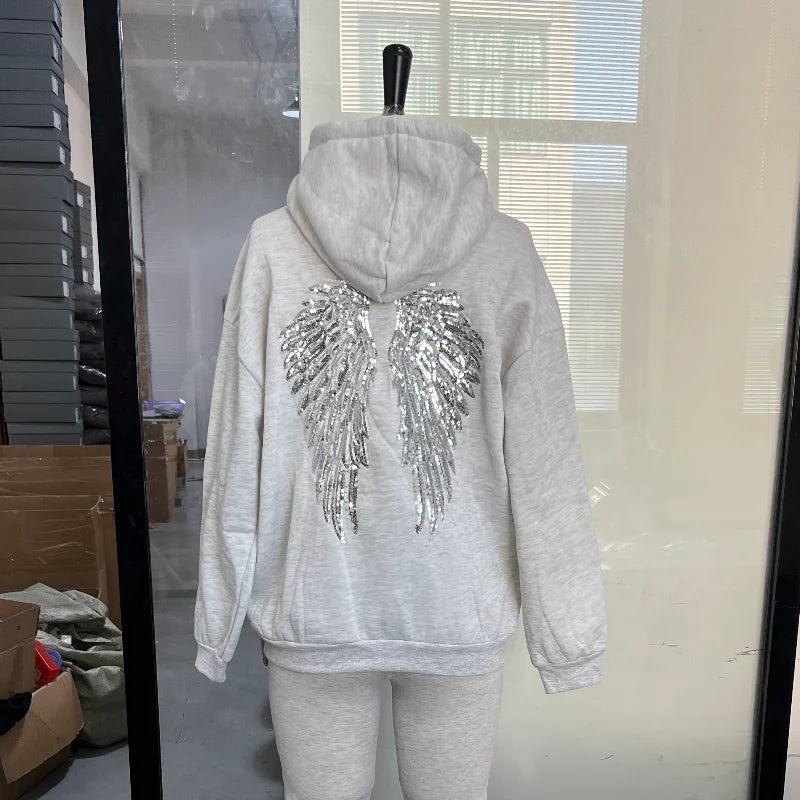 Sequin Angel's Wings Hoodies Women Chic Loose Long Sleeve Pullovers Top Slim Yoga Pant Set 2025 New Casual Lady Two Piece Sets - Matrix Studios