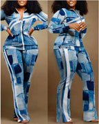 Two Piece Set Women Outfit 2023 Autumn Fashion Geometric Print Stand Collar Long Sleeve Zip Up Top & Casual Sporty Pants Set - Matrix-studios.com