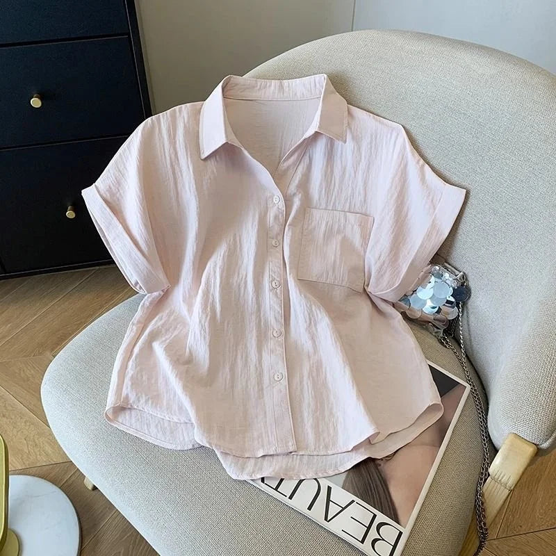 Blue  Neck Short Sleeve Shirt Women's Summer Loose Versatile Super Beautiful Blouse Small Figure Top Easy Care Fabric - Matrix-studios.com