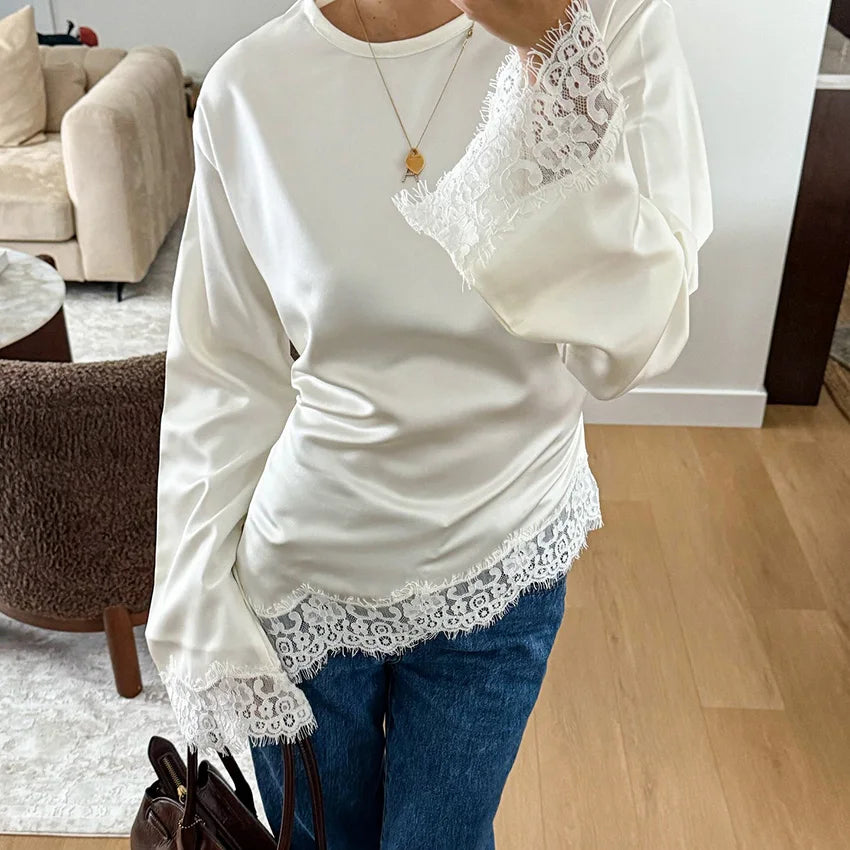 Linad Elegant White Lace Flare Sleeve Woman Blouse 2026 Vintage Satin Asymmetrical Shirts Female Casual O Neck Pullover Tops - Matrix-studios.com