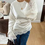 Linad Elegant White Lace Flare Sleeve Woman Blouse 2026 Vintage Satin Asymmetrical Shirts Female Casual O Neck Pullover Tops - Matrix-studios.com