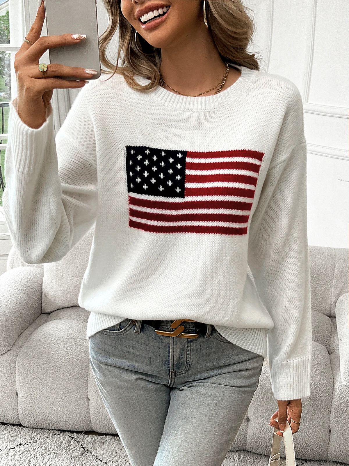American Flag Crew Neck Long Sleeve Pullover Women's Sweater - Matrix Studios