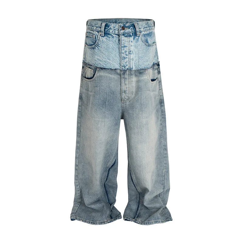 PFNW Niche Colorblock Patchwork Wide Leg Blue Jeans Men's Spring 2025 New Straight Double Waist Design Denim Trousers 28W6048 - Matrix Studios