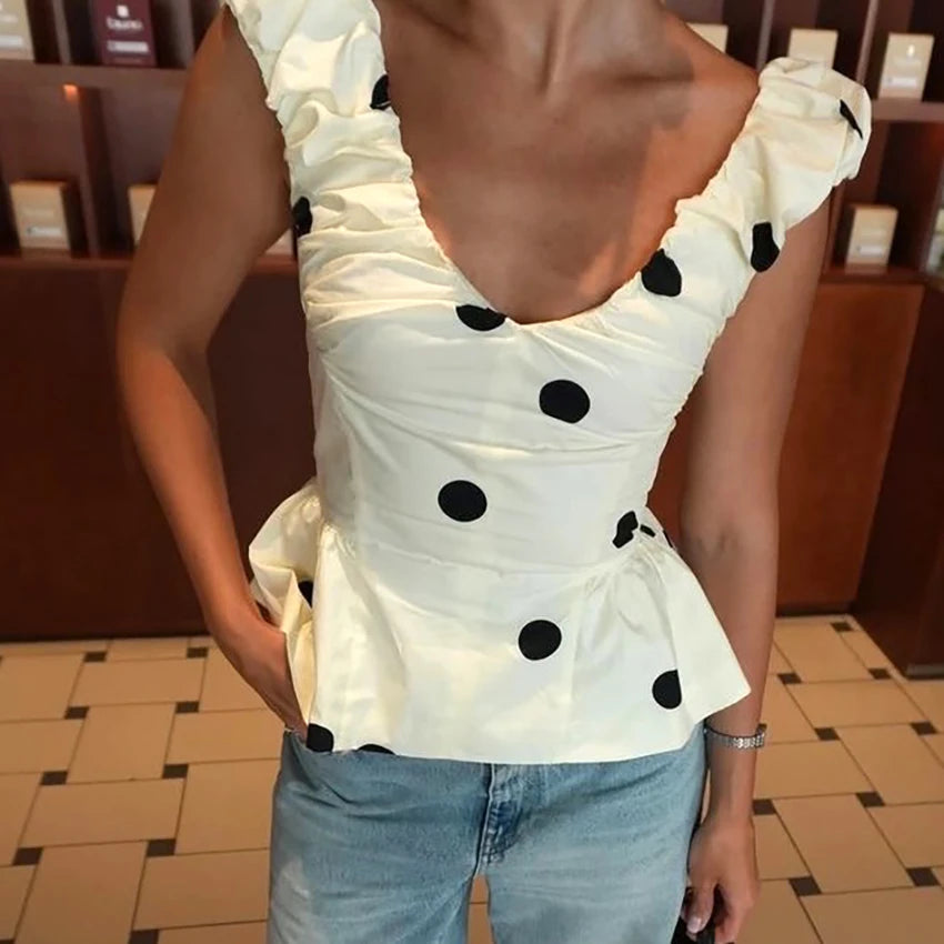 Linad Vintage Polka Dot Backless Tank Tops Summer Street Chic Slim Deep V Neck Vest Casual Ruffles Sleeveless Tops Woman 2026 - Matrix-studios.com