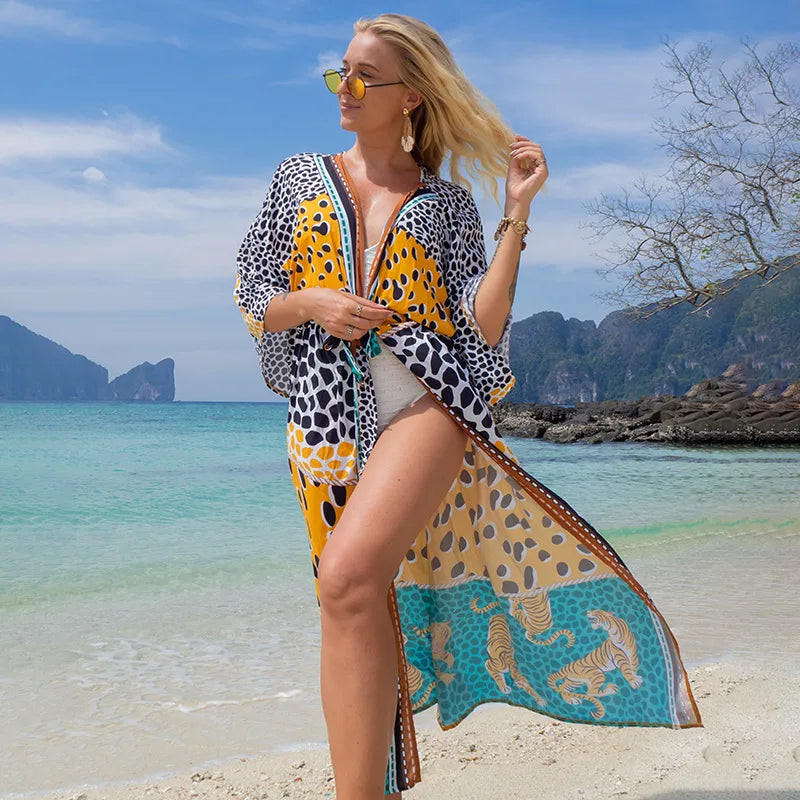 Swimsuit Cover Up Printed Kimono for Sea Boho Coverup Long Luxury Beach Outings Belted Swimwear Cape Holiday Bathing Suits Sales - Matrix Studios