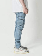 2026Jeans Men Pants Wash Solid Color Multi Pockets Denim Mid Waist Cargo Jeans Plus Size Fahsion Casual Trousers Male Daily Wear - Matrix Studios