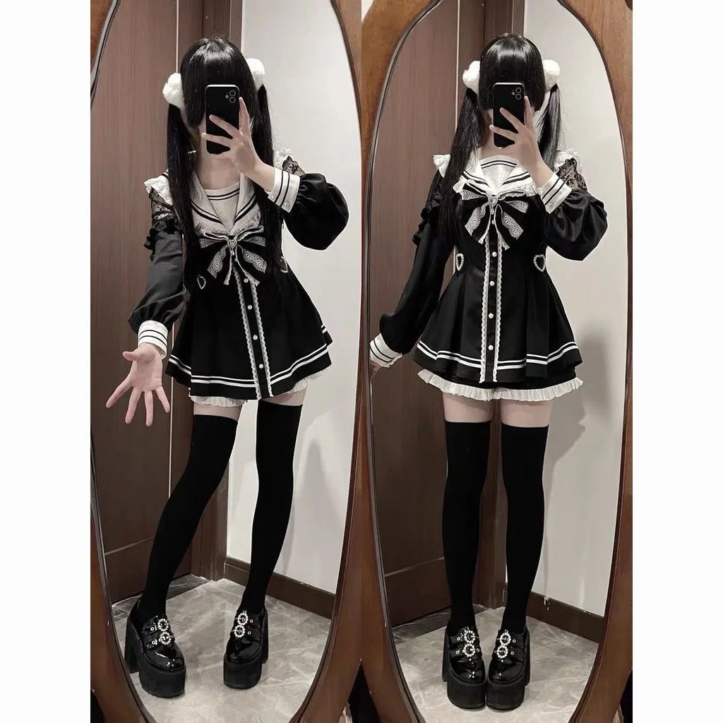 Harajuku Sweet Bow Black Plaid Dresses All-match Slim Fit Kawaii Lolita Dress for Women Autumn New Long Sleeve Vestidos De Mujer - Matrix-studios.com