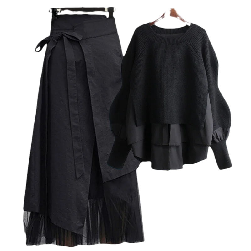 Women's Spring Autumn New Fashion Fake Two Piece Knit Sweater+Strap A-line Skirt Suit Korean Elegant Pullover Dress Matching Set - Matrix-studios.com