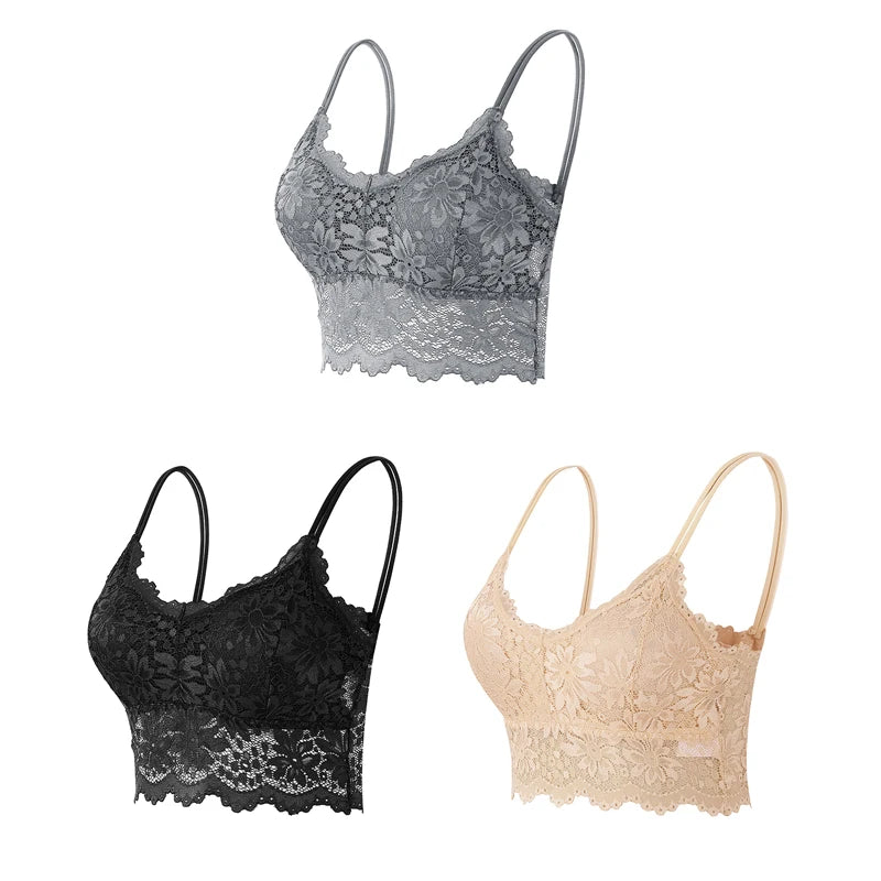 3PCS Women's Lace Bras Top Comfortable Bralette Solid Color Sexy Underwear Vest Female Hollow Out Wireless Lingerie Seamless Bra - Matrix Studios