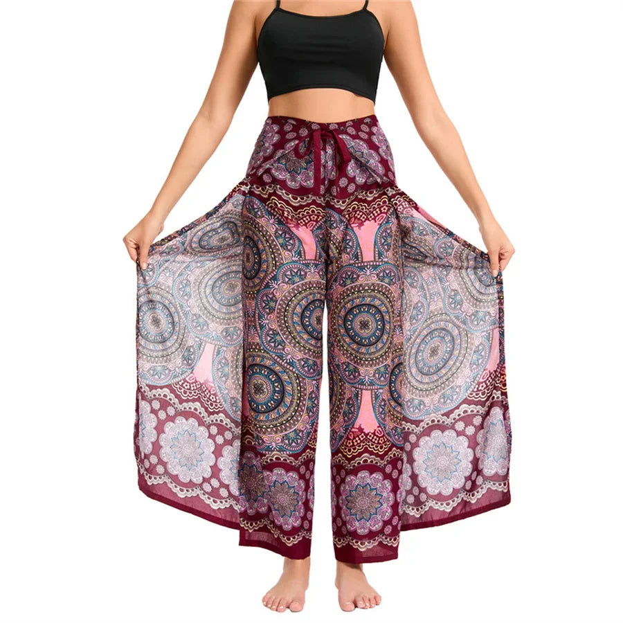 Women's Boho Palazzo Pants Wide Leg Yoga Wrap Tie Up Waistband Beach Cover Up Trousers Rayon Soft Breathable Loose Pants - Matrix Studios