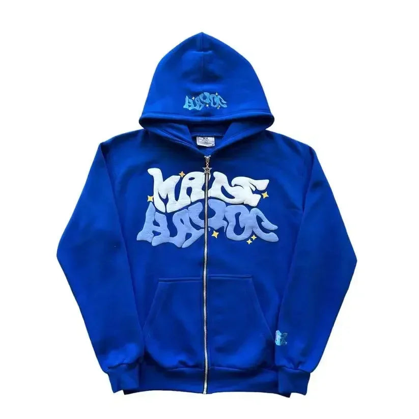 Zipper hooded sweatshirt with retro American letters suitable for men and women wearing Y2K jacket autumn/winter cardigan - Matrix Studios