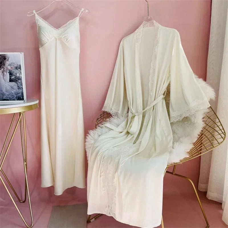 New Female Long Robe Nightgown Set Sexy Lace Trim Sleepwear Suspender Nightdress Spring Summer Casual Satin Home Dress Bathrobe - Matrix-studios.com