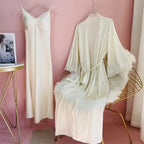 New Female Long Robe Nightgown Set Sexy Lace Trim Sleepwear Suspender Nightdress Spring Summer Casual Satin Home Dress Bathrobe - Matrix-studios.com